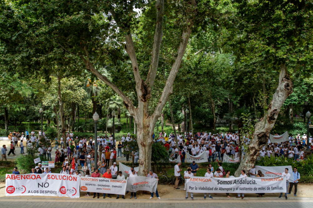 Trabajadores de Abengoa y de sus filiales se manifiestan frente a la subdelegación del Gobierno en Sevilla. EFE/ Julio Muñoz
