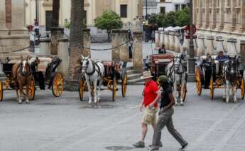 GRAF6736. SEVILLA (ESPAÑA), 14/03/2020.- Una pareja de turistas pasa junto a coches de caballos este sábado en Sevilla. El presidente de la Junta, Juanma Moreno, ha sostenido que la suspensión de la Semana Santa en Sevilla, acordada este mismo sábado, "es una medida responsable y necesaria para frenar el avance del coronavirus". EFE/José Manuel Vidal