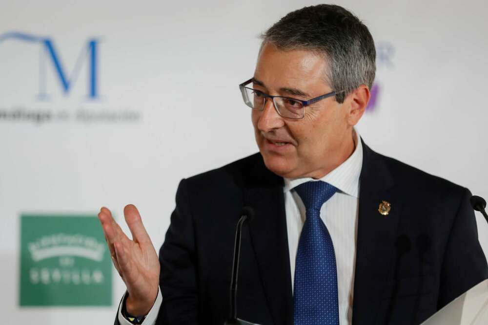 SEVILLA, 18/11/2021.- José Francisco Salado Escaño, presidente de la Diputación de Málaga, durante la conferencia que ha ofrecido este jueves en el hotel Alfonso XIII de Sevilla, invitado por CIVISUR. EFE/Jose Manuel Vidal