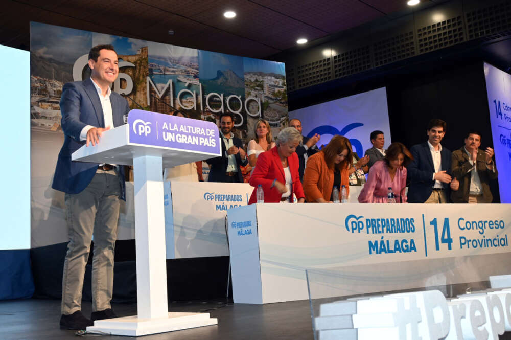 El presidente de la Junta de Andalucía, Juanma Moreno, este sábado durante la clausura del XIV Congreso del PP de Málaga .-EFE/JS