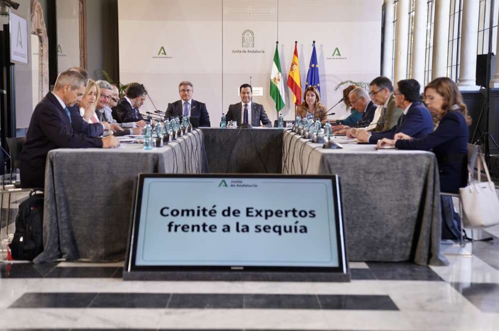 Juanma Moreno preside el Comité de expertos para el seguimiento de la sequía, celebrada este martes en el Palacio de San Telmo (Sevilla).