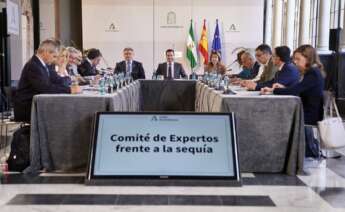 Juanma Moreno preside el Comité de expertos para el seguimiento de la sequía, celebrada este martes en el Palacio de San Telmo (Sevilla).