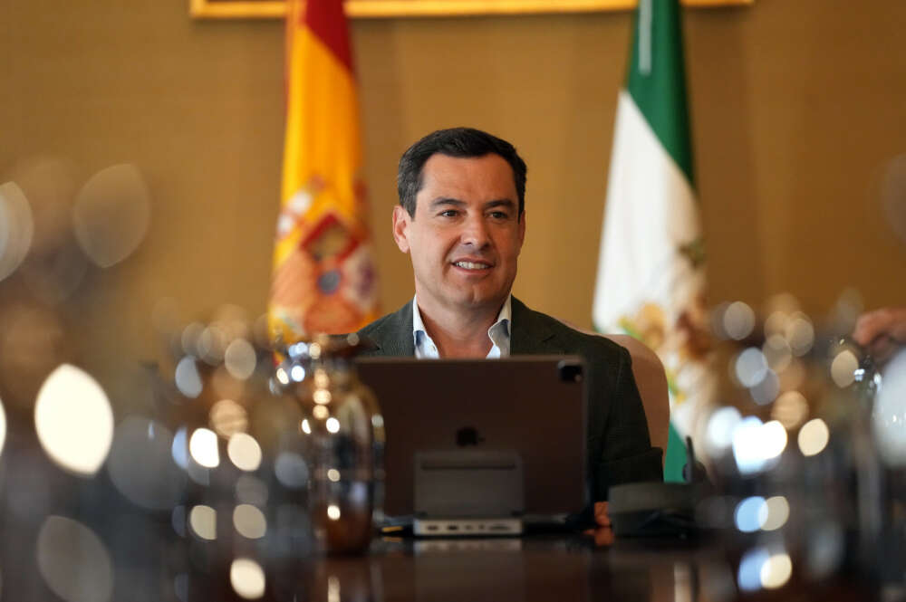 Juan Manuel Moreno Bonilla, durante la celebración de un consejo de Gobierno en el Palacio de San Telmo.