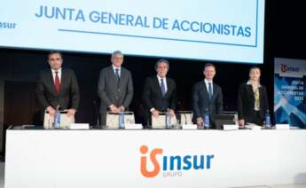 De izquierda a derecha, Francisco Pumar, Esteban Jiménez, Ricardo Pumar, Ricardo Astorga y Montserrat Álvarez, respectivamente director general, vicepresidente, presidente, secretario y notaria de Grupo Insur.