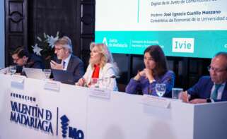 Luis Alberto Marín, Carolina España, Ruth Merino y Juan Alfonso Ruiz, consejeros de Economía y Hacienda de Murcia, Andalucía, Comunidad Valenciana y Castilla-La Mancha, durante la presentación de un informe del Ivie.