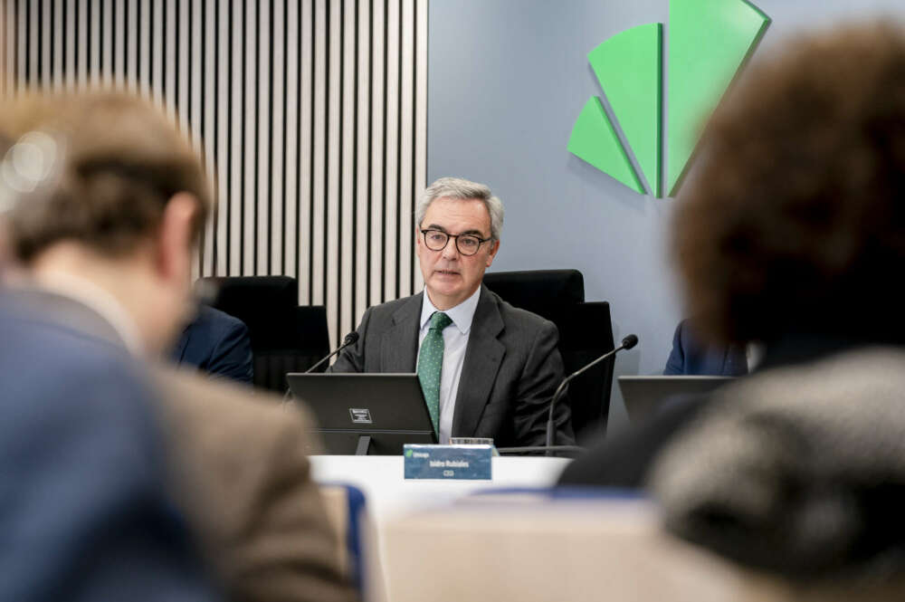 El presidente de Unicaja, José Sevilla, durante la presentación de los resultados de 2024.