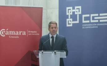 Gerardo Cuerva, presidente de la Confederación Granadina de Empresarios y de la Cámara de Comercio de Granada, durante un desayuno empresarial.