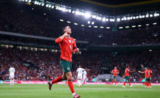 LISBON, PORTUGAL - OCTOBER 14: Cristiano Ronaldo of Portugal celebrates scoring his team's second goal during the FIFA World Cup 2026 qualifier match between Portugal and Hungary at Estadio Jose Alvalade on October 14, 2025 in Lisbon, Portugal. (Photo by Diogo Cardoso - UEFA/UEFA via Getty Images)