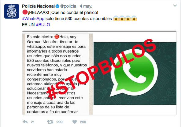 Mensaje de la Policía contra el bulo de Whatsapp