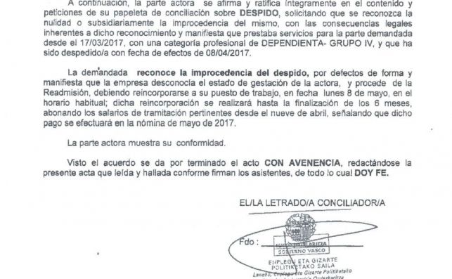 Extracto del acta de conciliación en el que DIA reconoce el despido de la embarazada.