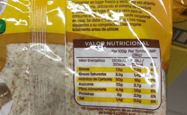 Tortilla integral Hacendado con 7,8% de grasa frente a las tortillas de trigo con 6,2%.