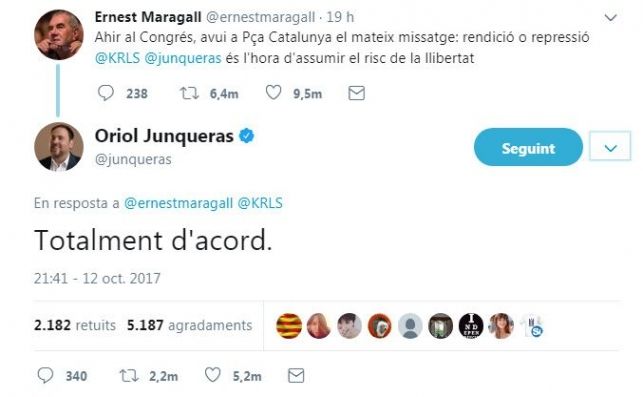 Tuit de Ernest Maragall y respuesta de Oriol Junqueras Tuit de Ernest Maragall y respuesta de Oriol Junqueras