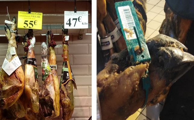 Un jamón de Cárnicas Villar con una brida oficial de Asici en la pezuña y no en la caña, donde debe ir