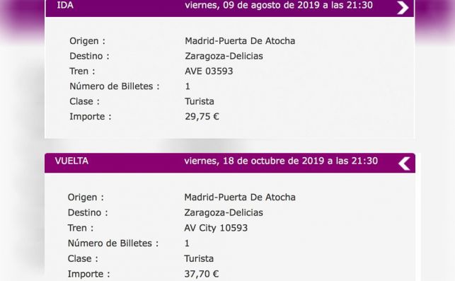 Comparativa de dos billetes Madrid-Zaragoza, uno con AVE y el otro con AV City