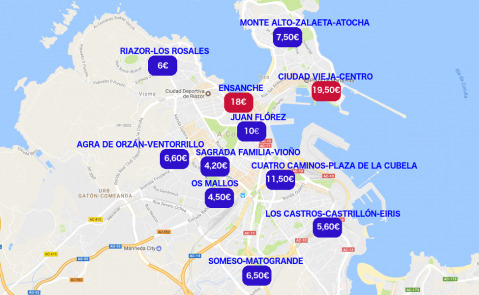 Mapa con los precios por metro cuadrado de locales comerciales en alquiler distribuidos por zonas de A Coruña / Economía Digital