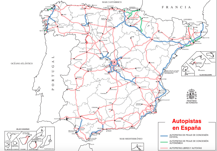 Mapa de las autopistas de España. Fuente: Ministerio de Fomento