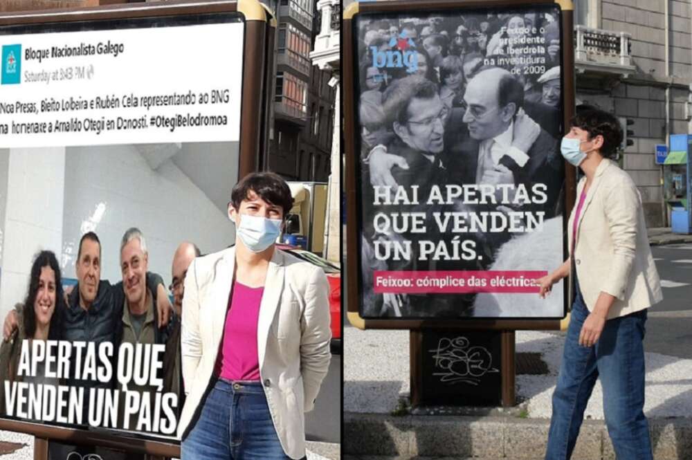 A la derecha, campaña del BNG contra la subida de la tarifa eléctrica, a la izquierda, montaje en las redes del PPdeG