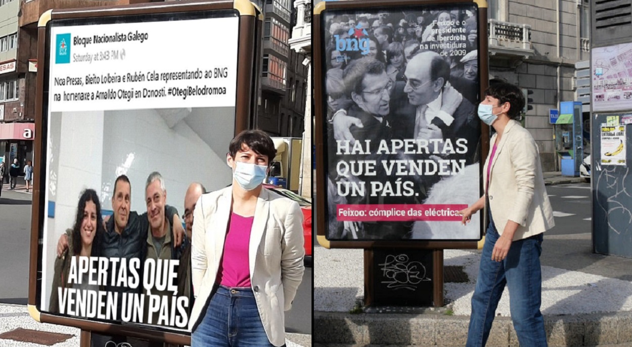 A la derecha, campaña del BNG contra la subida de la tarifa eléctrica, a la izquierda, montaje en las redes del PPdeG
