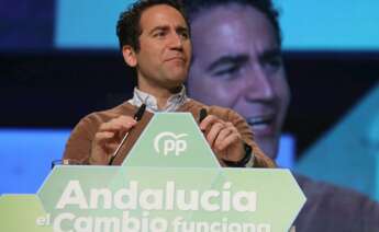 El secretario general del Partido Popular, Teodoro García Egea, interviene este sábado en el Congreso del PP andaluz, en el que será reelegido de nuevo como líder el presidente de la Junta de Andalucía, Juanma Moreno. EFE/ Pepe Torres