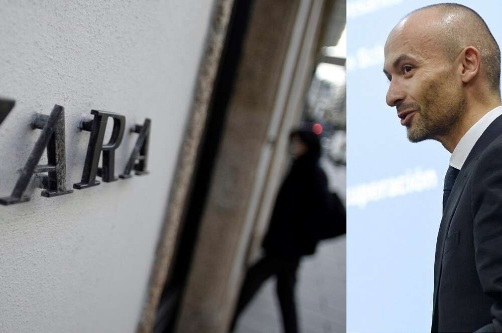 Óscar García Maceiras, nuevo consejero delegado de Inditex, al lado de una imagen de una tienda de Zara. Fotos: EFE