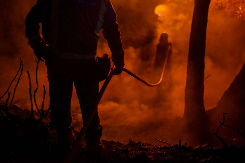 os bomberos tratan de apagar las llamas y árboles ardiendo por un incendio que hasta ahora ha quemado 100 hectáreas en Castrelo de Miño (Ourense)