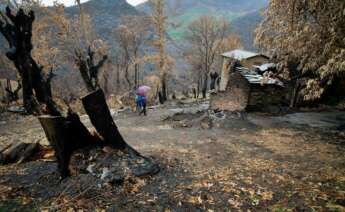 Dos personas pasean por una zona arrasada por el fuego, a 16 de agosto de 2022, en O Courel, Lugo, Galicia (España)