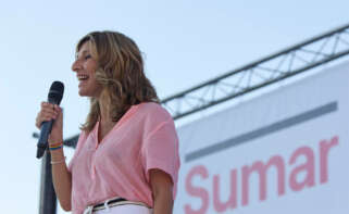 La vicepresidenta segunda, Yolanda Díaz, durante el primer acto de Sumar, en Matadero Madrid