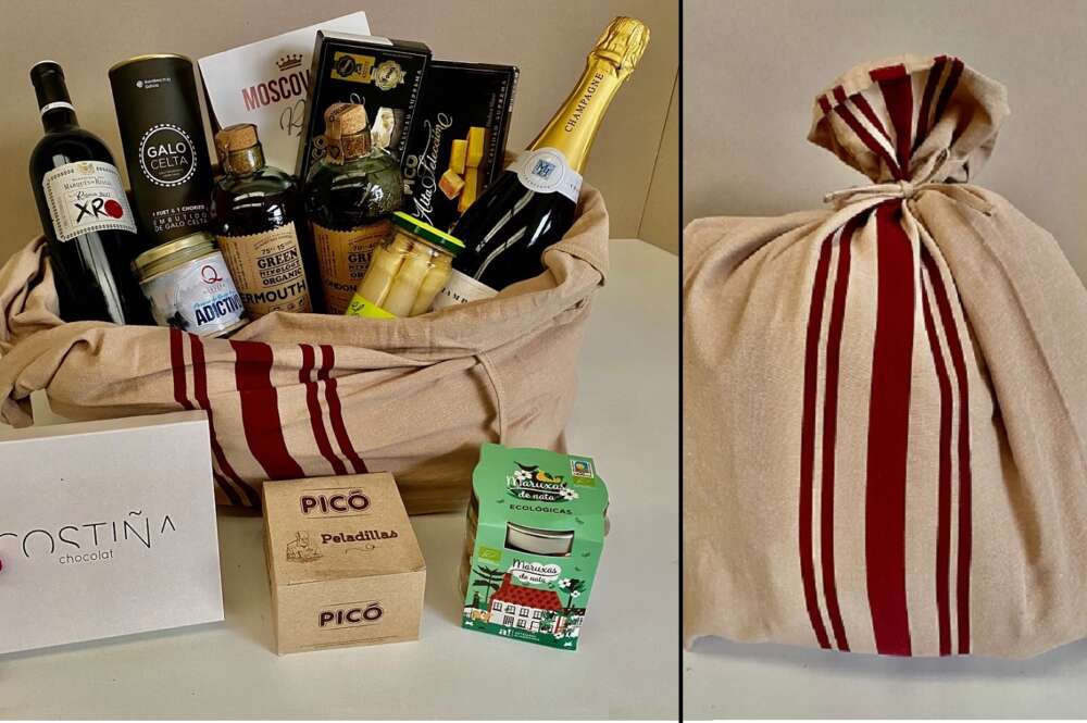 Imagen de algunos de los productos contenidos en la cesta de Navidad de Inditex a sus empleados, junto con la bolsa de tela reciclada que la acompaña