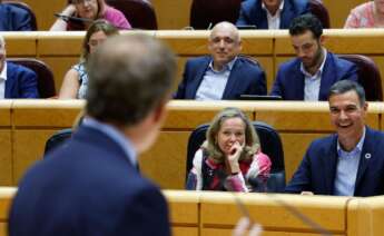 Nadia Calviño y Pedro Sánchez escuchan la intervención de Alberto Núñez Feijóo en el Senado / EFE