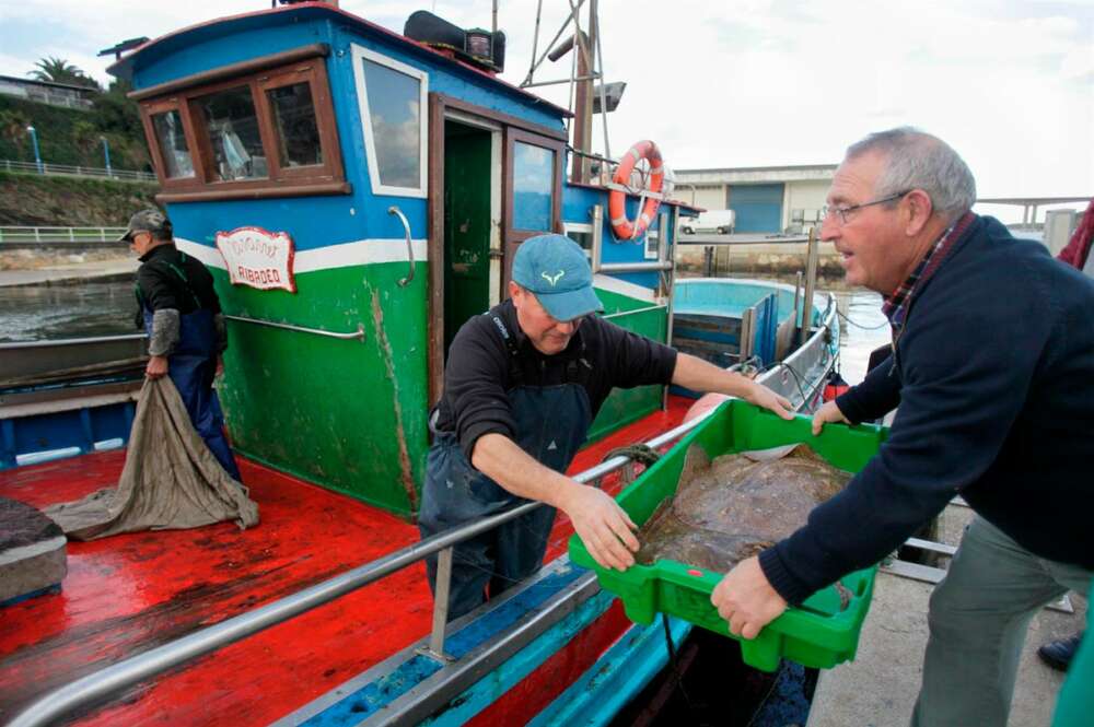 Pescadores descargan su barco en el puerto de Ribadeo