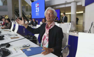 La presidenta del Banco Central Europeo, Christine Lagarde, al comienzo la reunión del Eurogrupo que se celebra en Santiago de Compostela, este viernes. EFE/ Xoan Rey