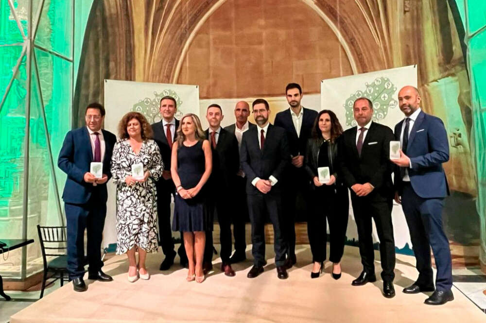 Foto de familia con los representantes de las empresas y organizaciones galardonadas por el Clúster das Enerxías Renovables de Galicia (Cluergal) en la cena temática, la “Noite Enerxética”