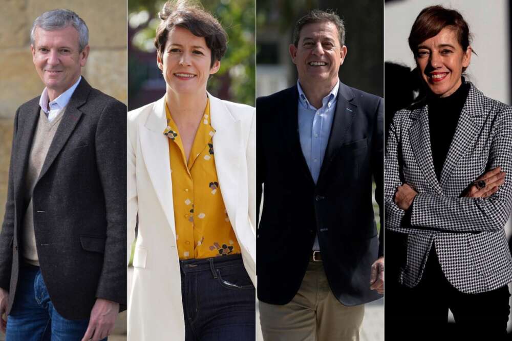 Los candidatos del PP, Alfonso Rueda; BNG, Ana Pontón; PSdeG, José Ramón Gómez Besteiro; y Sumar Galicia, Marta Lois. Elecciones gallegas del 18 de febrero de 2024 / Europa Press