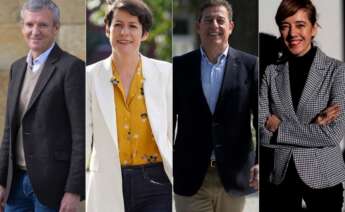 Los candidatos del PP, Alfonso Rueda; BNG, Ana Pontón; PSdeG, José Ramón Gómez Besteiro; y Sumar Galicia, Marta Lois. Elecciones gallegas del 18 de febrero de 2024 / Europa Press