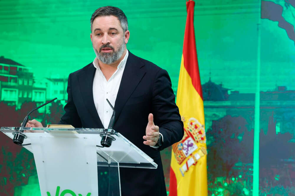 El líder de VOX, Santiago Abascal, durante una rueda de prensa tras la reunión del Comité de Acción Política de Vox, en la Sede del partido, a 8 de enero de 2024, en Madrid (España)