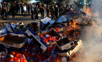 Agricultores franceses queman frutas españolas durante una manifestación en la que han bloqueado la autopista A9 en Nîmes, en el sur de Francia, este 25 de enero de 2024 en demanda de mejores precios