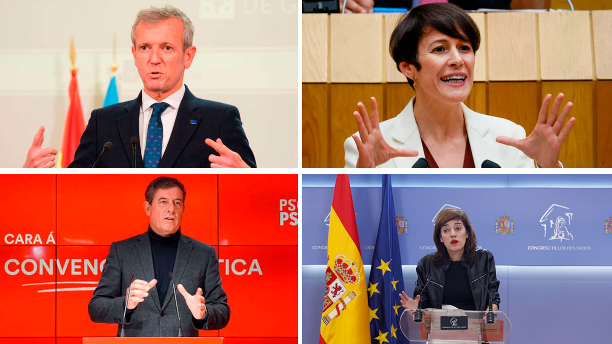 Los candidatos del PP, Alfonso Rueda; BNG, Ana Pontón; PSdeG, José Ramón Gómez Besteiro; y Sumar Galicia, Marta Lois