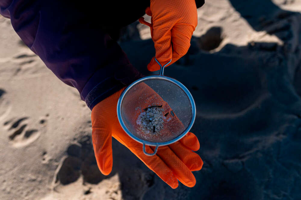 Voluntarios hacen una recogida de pellets de la arena, Galicia, a 7 de enero de 2024, en A Coruña, Galicia (España). Grandes cantidades de pellets de plásticos llevan apareciendo, desde el 13 de diciembre en las Rías Baixas y en la ría de Muros de Noia