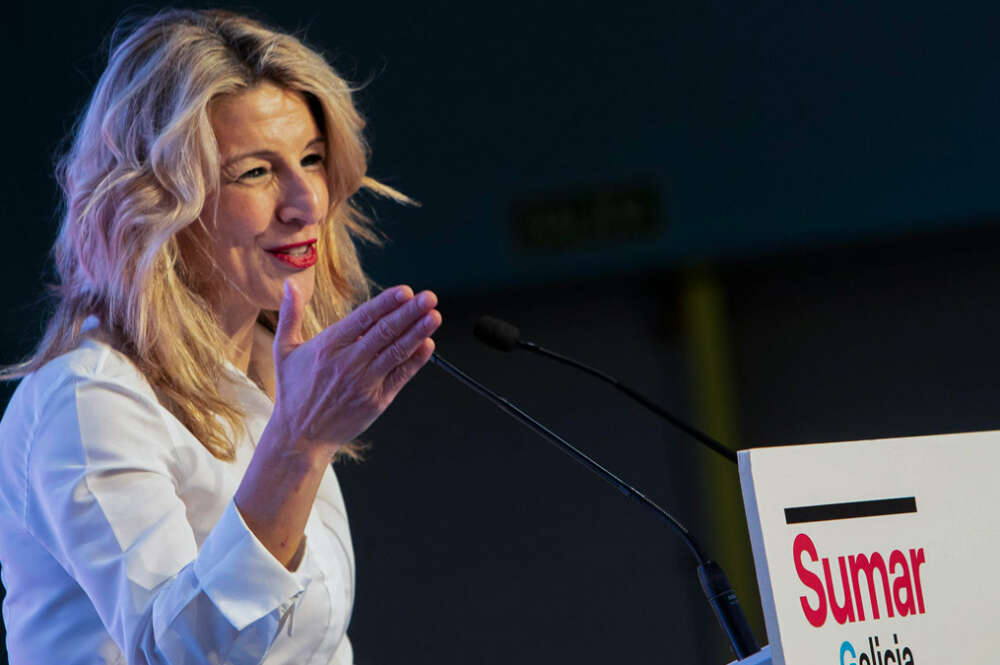 La secretaria general de Sumar, Yolanda Díaz, durante el mitin electoral del partido celebrado en Vigo