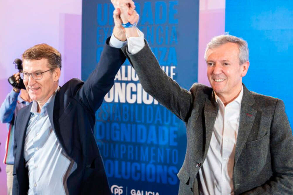 Alberto Núñez Feijóo y Alfonso Rueda, en la Junta Directiva del PPdeG un día después de las elecciones del 18 de febrero