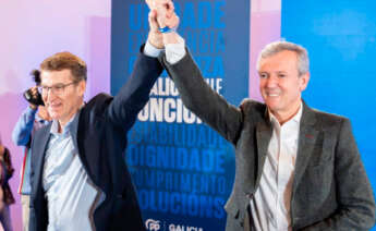 Alberto Núñez Feijóo y Alfonso Rueda, en la Junta Directiva del PPdeG un día después de las elecciones del 18 de febrero