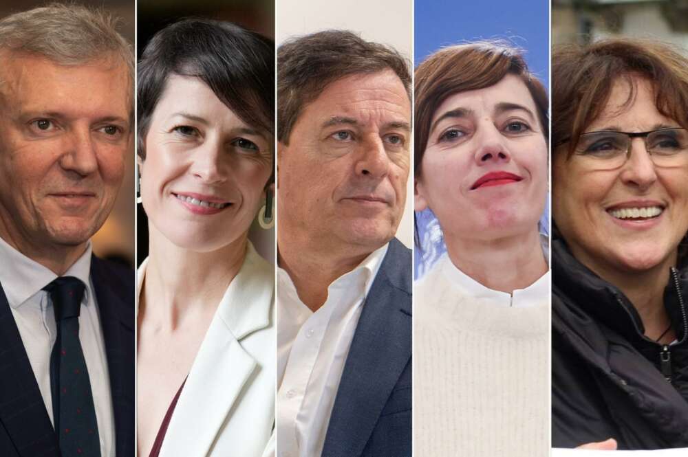 De izquierda a derecha: los candidatos Alfonso Rueda (PP), Ana Pontón (BNG), José Ramón Gómez Besteiro (PSdeG), Marta Lois (Sumar) e Isabel Faraldo (Podemos). - EUROPA PRESS