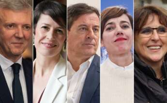 De izquierda a derecha: los candidatos Alfonso Rueda (PP), Ana Pontón (BNG), José Ramón Gómez Besteiro (PSdeG), Marta Lois (Sumar) e Isabel Faraldo (Podemos). - EUROPA PRESS