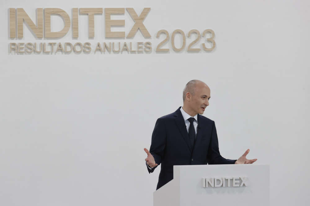 El consejero delegado de Inditex, Óscar García Maceiras, durante la rueda de prensa para la presentación de los resultados del ejercicio fiscal 2023. EFE/ Kiko Delgado