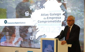 Juan García, editor de Grupo Economía Digital, interviene en la presentación del Atlas Gallego de la Empresa Comprometida 2023 / Xurxo Lobato