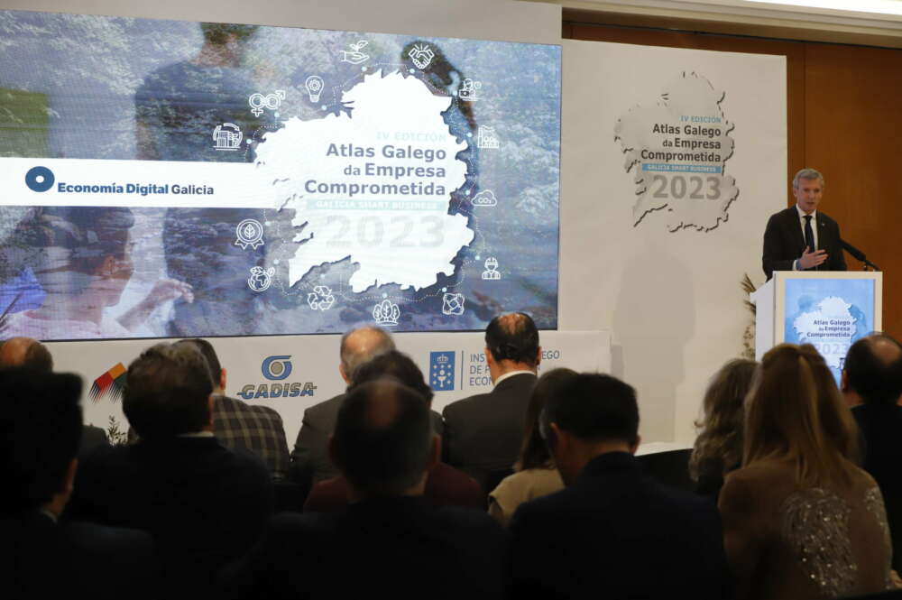 El presidente de la Xunta en funciones, Alfonso Rueda, durante su intervención en la presentación del Atlas Gallego de la Empresa Comprometida / Xurxo Lobato