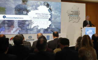 El presidente de la Xunta en funciones, Alfonso Rueda, durante su intervención en la presentación del Atlas Gallego de la Empresa Comprometida / Xurxo Lobato