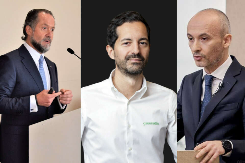 De izquierda a derecha, Juan Carlos Escotet, Manuel García Pardo y Óscar García Maceiras, los primeros ejecutivos de Abanca, Greenalia e Inditex