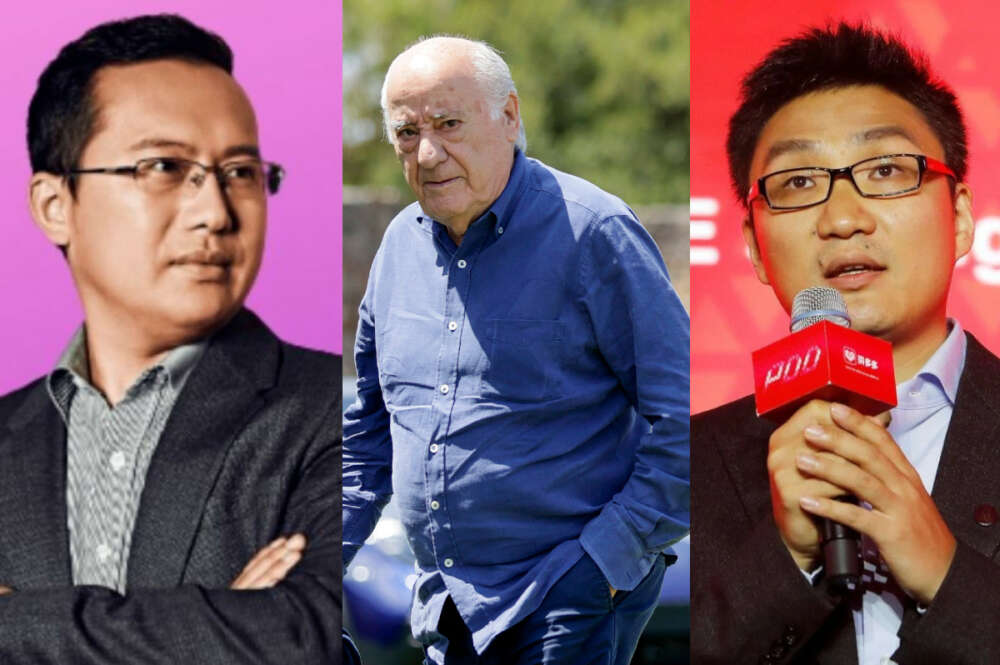 De izquierda a derecha, Chris Xu, dueño de Shein; Amancio Ortega, propietario de Inditex; y Colin Huang, dueño de Temu