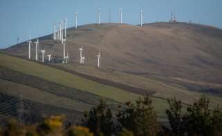 Varios aerogeneradores en el parque eólico de Vilachá, a 15 de marzo de 2024, en Lugo, Galicia (España). Dicho parque, que se encuentra entre los concellos lucenses de Ourol y Muras, ha visto paralizada (por el Tribunal Superior de Xustiza de Galicia